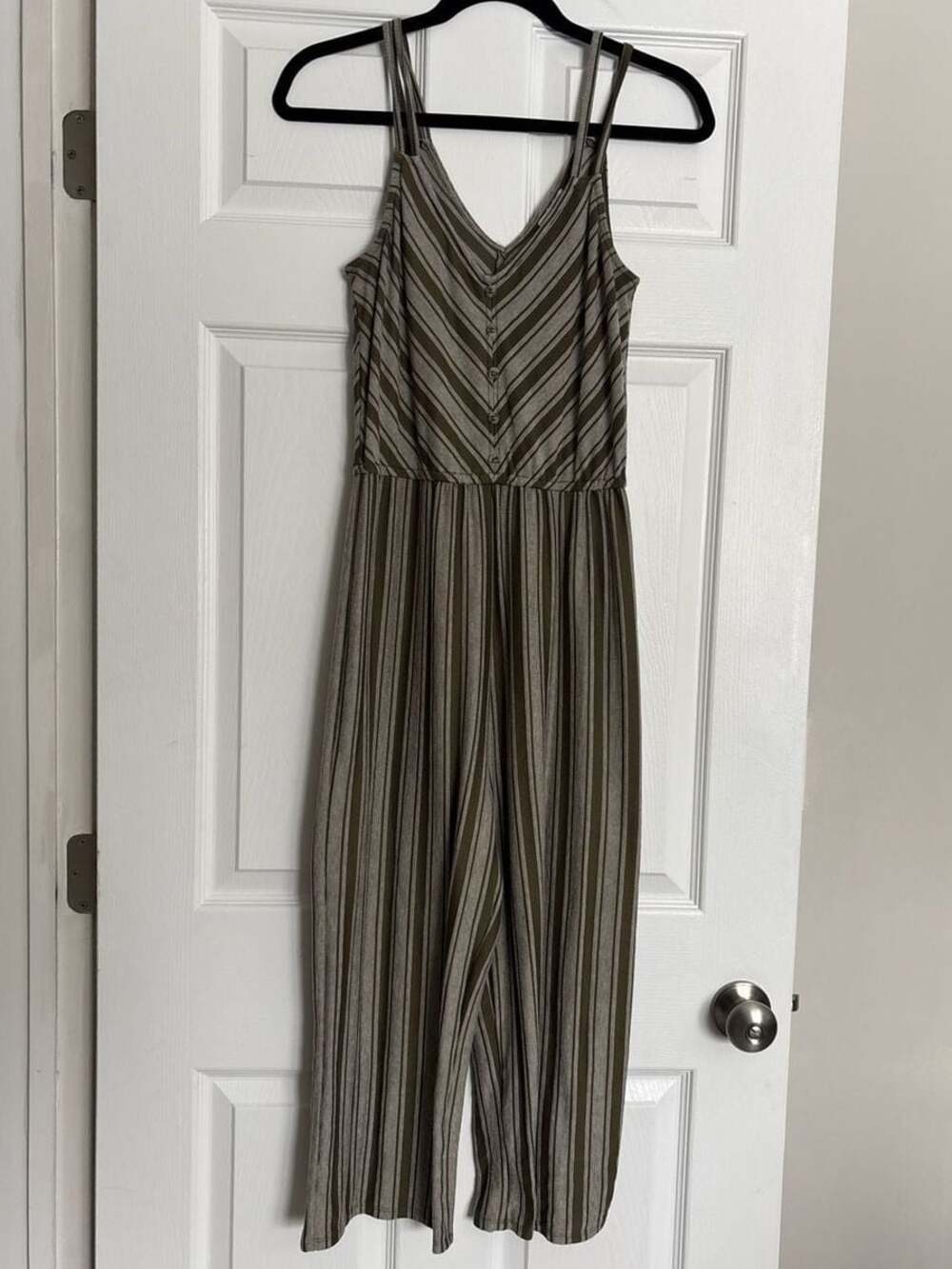 Eyeshadow Olive Green and Grey Striped Sleeveless V-Neck Jumpsuit Size Small